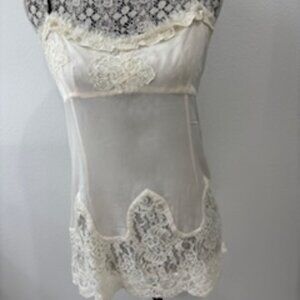 Ivory Silk and Lace Camisole with Black Spaghetti Straps, Size Small